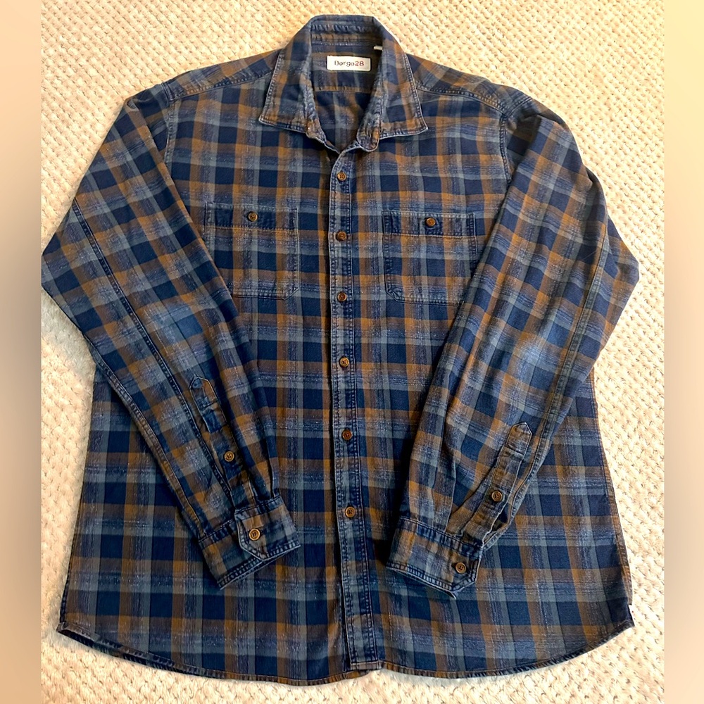Borgo28 XL Long Sleeve Mens Blue & Brown Plaid Shirt Classic Worn-In Look XL